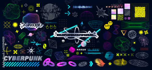 Neon and 3D shapes in Y2K style, universal geometric shapes, holographic stickers, trendy design from 2000s. Retrofuturistic vaporwave style graphic box. 3D elements cyberpunk. Neon vector set