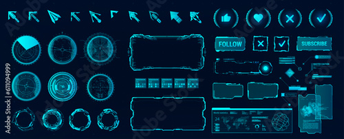 Sci-fi HUD elements: frame, arrows, buttons, bar labels, info bars, circle gadgets for UI, UX, GAME design. Futuristic user Interface HUD. Cyberpunk FI, Frames, boarder hologram, digital visualization