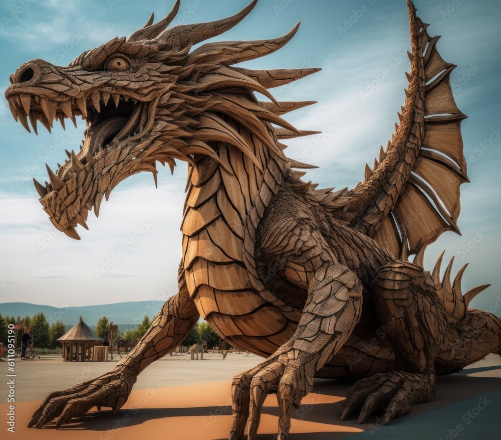 Giant green wooden dragon sculpture. AI generated, human enhanced. Giant green wooden dragon sculpture. AI generated, human enhanced.