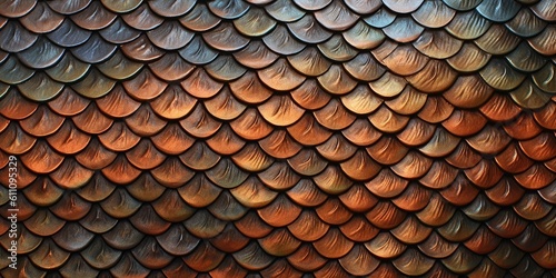 a horizontal format of hammered copper scales as a background in a Decor-themed, photorealistic illustration in JPG. Generative ai © Purple Penguin GFX