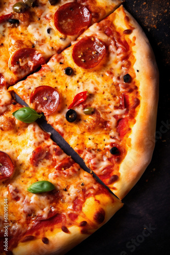 background meal margarita copy tomato black cheese pizza fast italian food space food. Generative AI.