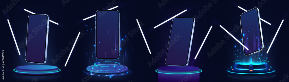 Hi-tech phones presentation - 3D smartphones at different angles on ...