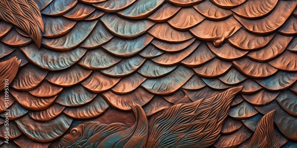 Fototapeta premium a horizontal format of hammered copper scales as a background in a Decor-themed, photorealistic illustration in JPG. Generative ai