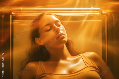 A woman in a lethargic sleep on a metal mortuary shelf. AI generated, human enhanced photo