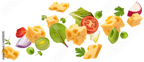 Fototapeta Naklejka Na Ścianę i Meble -  Falling cheese cubes with salad leaves and vegetable slices isolated on white background