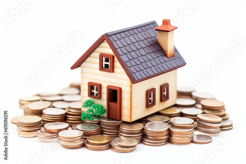 House miniature and pile of coins on white background. Mortgage, investment, real estate, property and new home concept. Generative AI