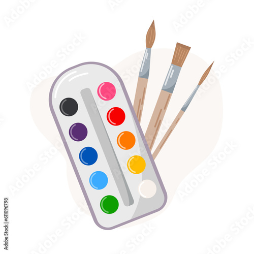 Vector isolated illustration of brushes and a box of watercolor paints. School and office supplies, school design, sticker design, web elements. Suitable for posters, banners.