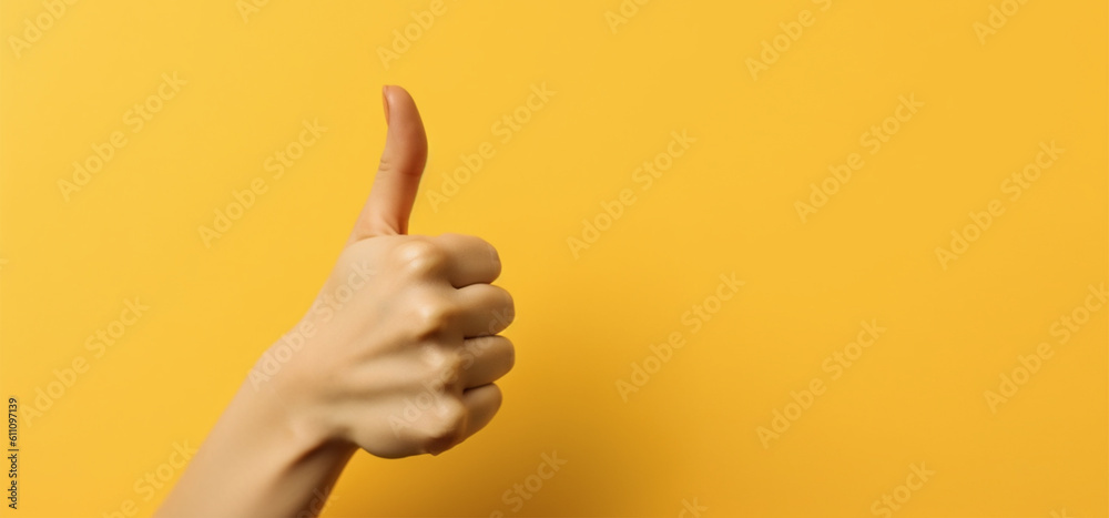 Hand with thumb up on yellow isolated background.Close up view.Copy and text space.Created with generative ai