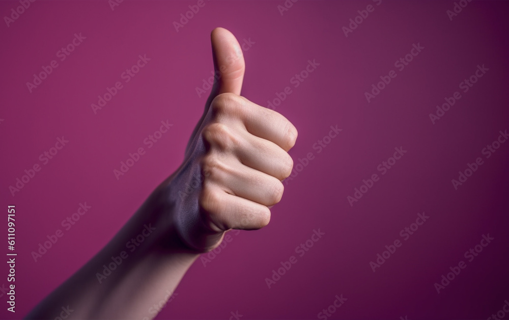 Hand with thumb up on magenta isolated background.Close up view.Copy and text space.Created with generative ai