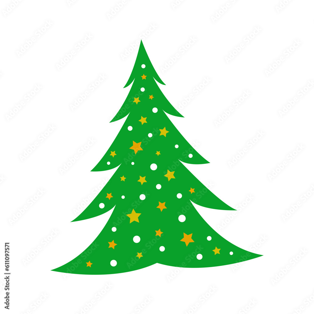 Christmas Trees With Stars And Snow. Modern Flat Design Icon. Christmas Decoration Ornament