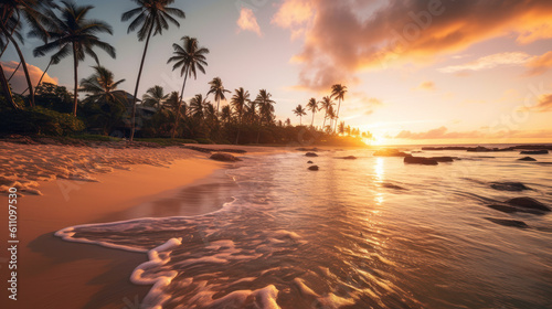Sunset Serenity: A Captivating Low Angle View of a Beach Paradise. Generative AI