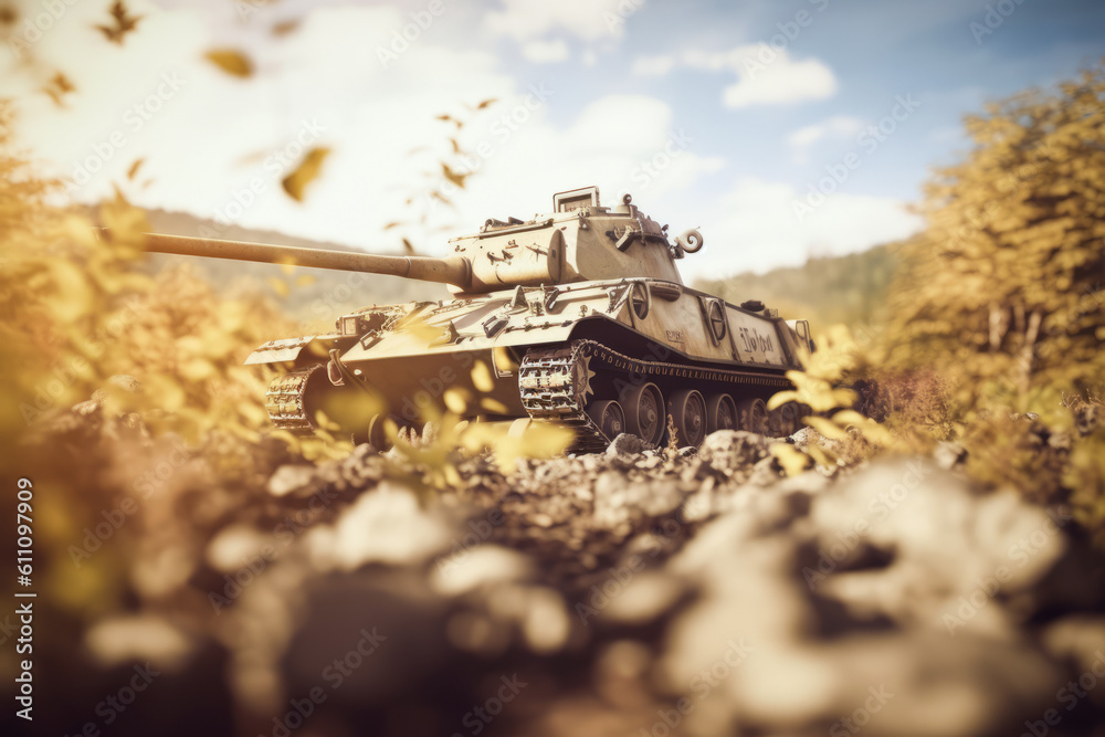 Fototapeta premium Main battle tank drives on a spectacular battlefield