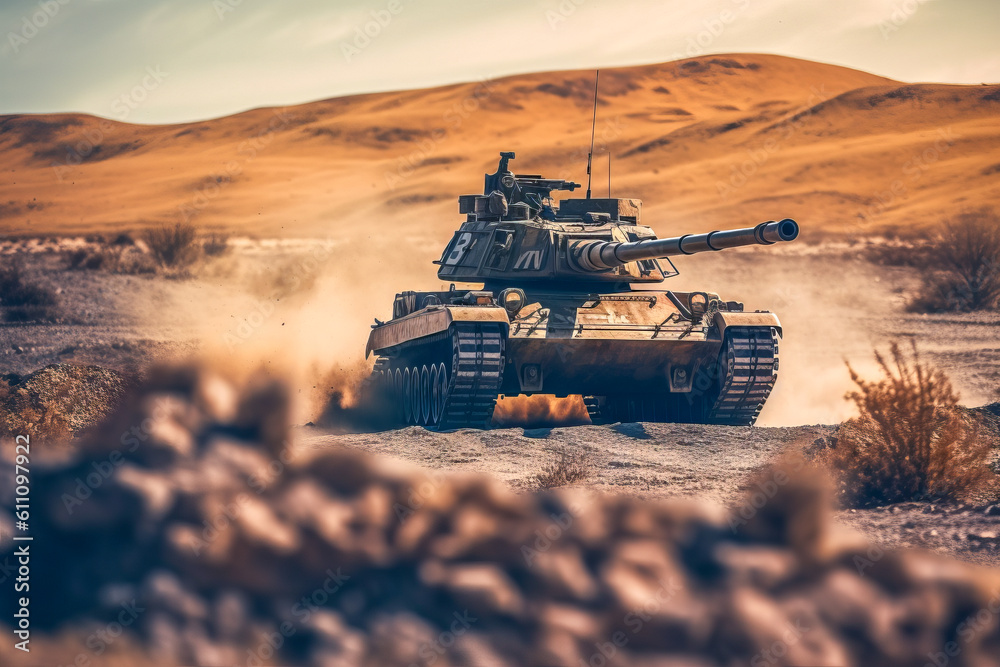 Fototapeta premium Main battle tank drives on a spectacular battlefield