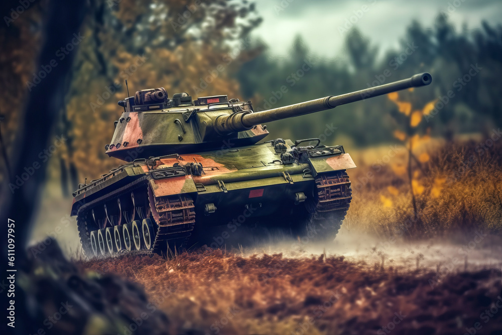 Fototapeta premium Main battle tank drives on a spectacular battlefield