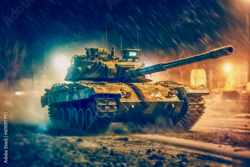 Main battle tank drives on a spectacular battlefield