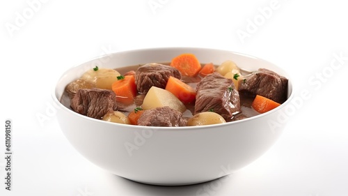 A warm bowl of beef stew with carrots and potatoes on White Background with copy space for your text created with generative AI technology
