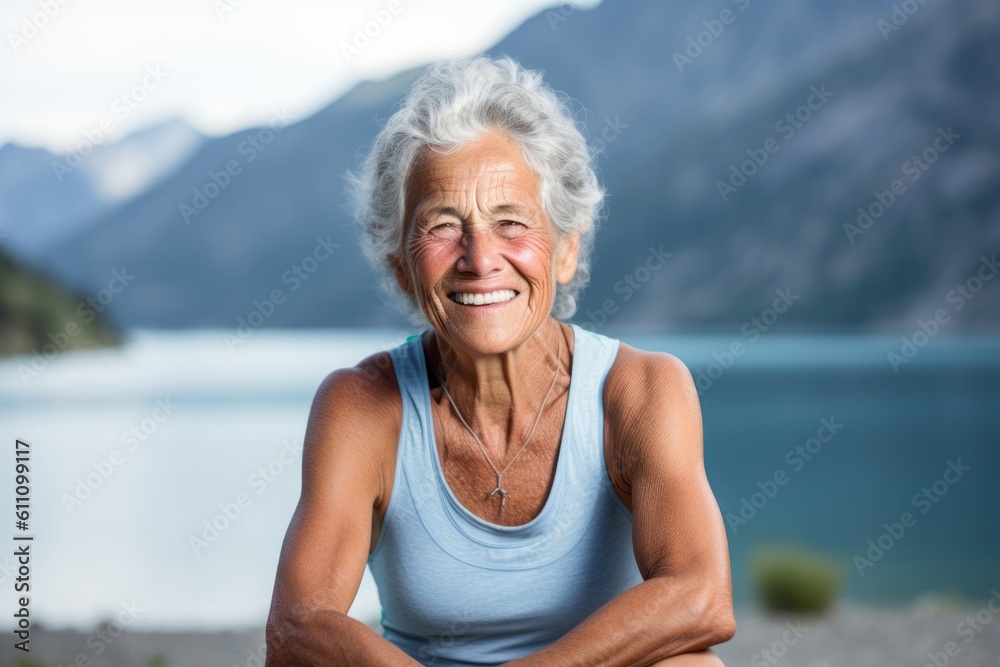 Lifestyle portrait photography of a grinning old woman wearing a sporty tank top against a serene alpine lake background. With generative AI technology