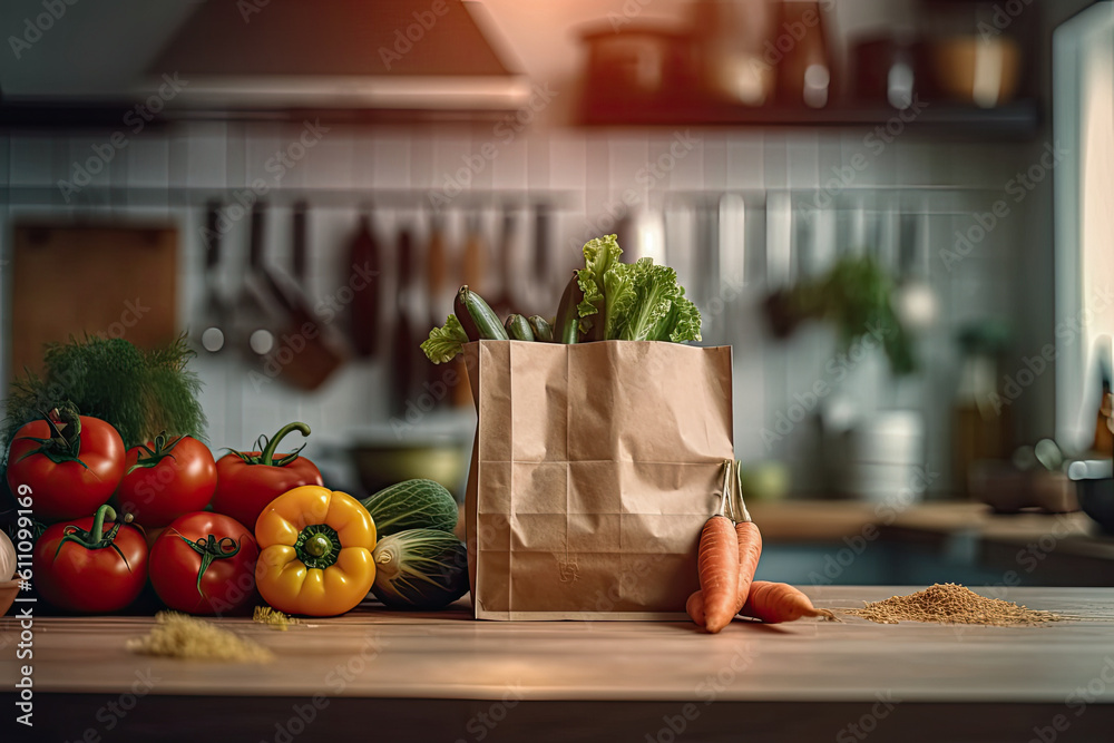 Fresh vegetables in an ecological bag on the table, generative ai Fresh vegetables in an ecological bag on the table, generative ai