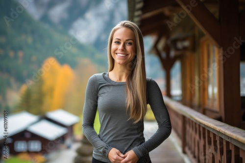 Medium shot portrait photography of a grinning girl in her 30s wearing a versatile pair of leggings against a picturesque mountain chalet background. With generative AI technology