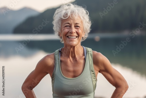 Lifestyle portrait photography of a grinning old woman wearing a sporty tank top against a serene alpine lake background. With generative AI technology © Markus Schröder