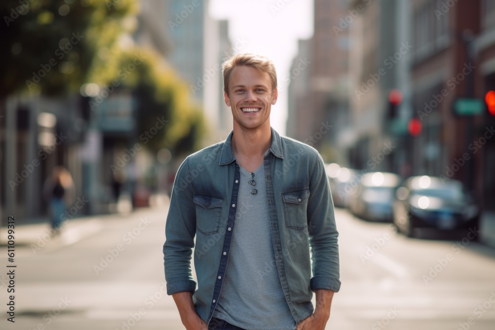 Medium shot portrait photography of a glad boy in his 30s wearing comfortable jeans against a lively downtown street background. With generative AI technology