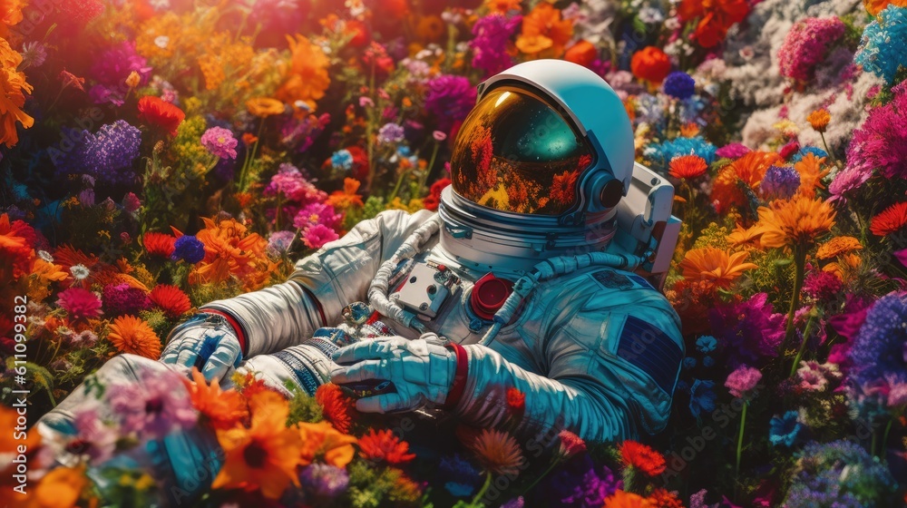 an Astronaut lying in a field of colorful flowers, Space botanical-themed,  photorealistic illustrations in JPG. Generative AI