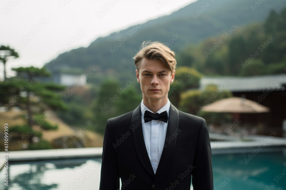 Medium shot portrait photography of a tender boy in his 30s wearing a sleek suit against a scenic hot springs background. With generative AI technology Medium shot portrait photography of a tender boy in his 30s wearing a sleek suit against a scenic hot springs background. With generative AI technology