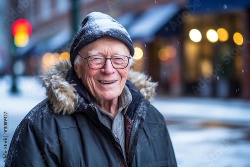 Environmental portrait photography of a grinning old man wearing a cozy winter coat against a lively downtown street background. With generative AI technology