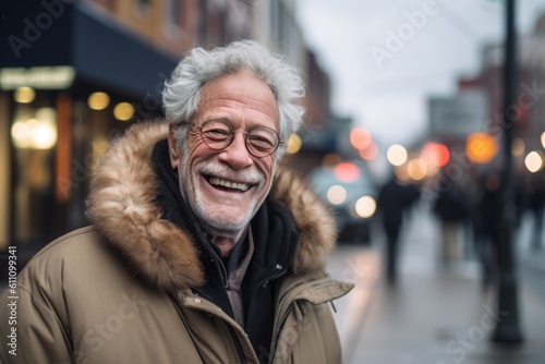Environmental portrait photography of a grinning old man wearing a cozy winter coat against a lively downtown street background. With generative AI technology
