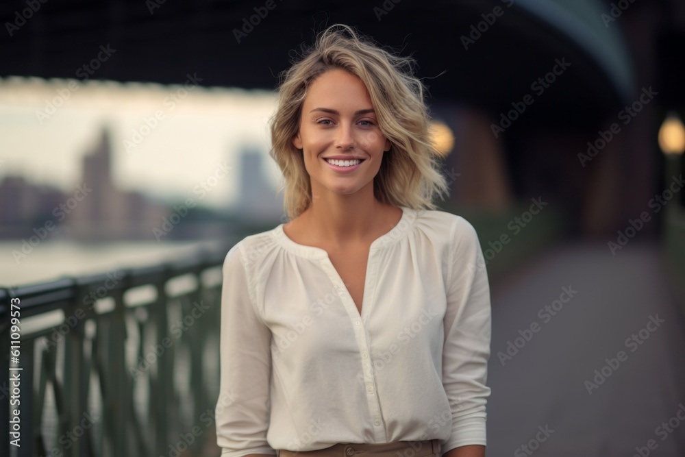 Medium shot portrait photography of a satisfied girl in her 30s wearing an elegant long-sleeve shirt against a picturesque bridge background. With generative AI technology