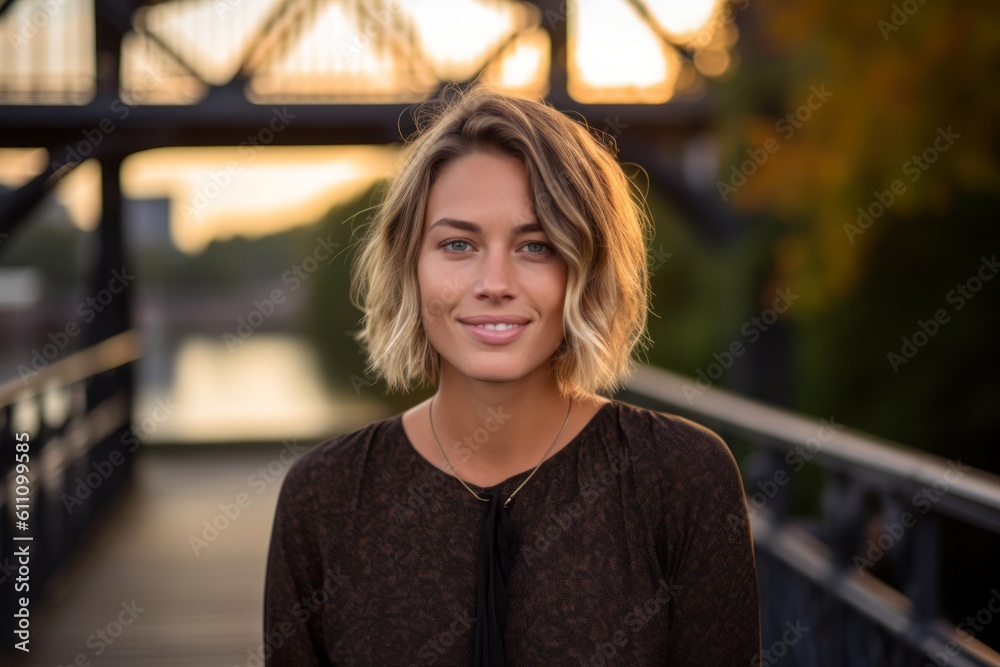 Medium shot portrait photography of a satisfied girl in her 30s wearing an elegant long-sleeve shirt against a picturesque bridge background. With generative AI technology Medium shot portrait photography of a satisfied girl in her 30s wearing an elegant long-sleeve shirt against a picturesque bridge background. With generative AI technology