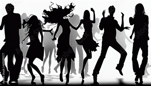 Gray and black silhouettes of dancing people, isolated on a white background. AI generated. photo