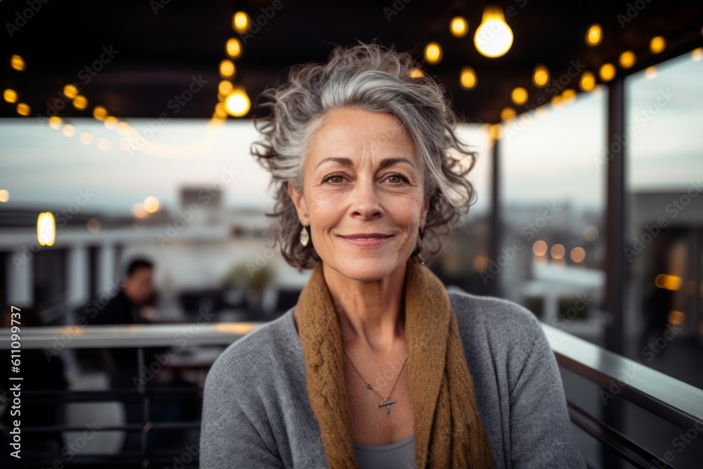 Lifestyle portrait photography of a satisfied mature girl wearing a chic cardigan against a lively rooftop bar background. With generative AI technology Lifestyle portrait photography of a satisfied mature girl wearing a chic cardigan against a lively rooftop bar background. With generative AI technology