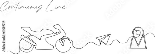 continuous line illustration of motorbike going to location