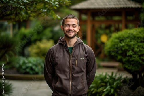 Medium shot portrait photography of a grinning boy in his 30s wearing a comfortable tracksuit against a peaceful zen garden background. With generative AI technology