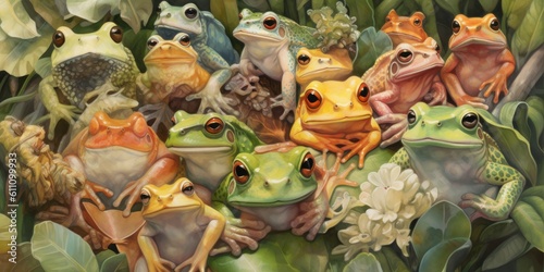 a Horizontal format, Rainforest Frogs, background Pattern watercolor, Nature-themed, photorealistic illustrations in JPG. Generative AI
