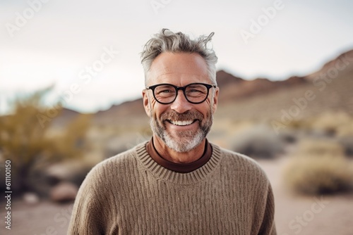 Fototapeta Headshot portrait photography of a satisfied mature man wearing a cozy sweater against a picturesque desert oasis background