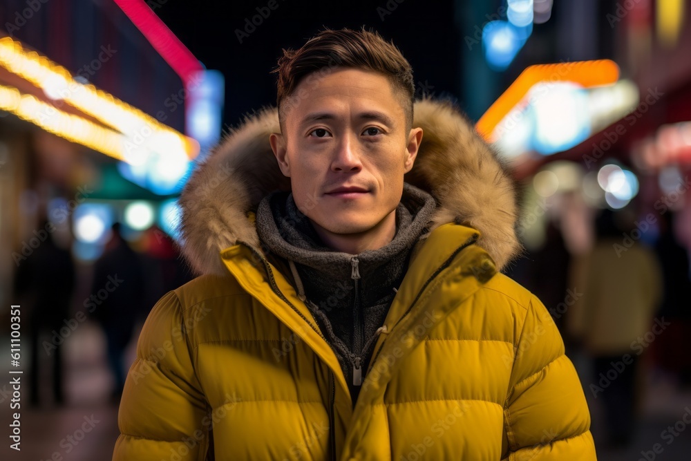 Headshot portrait photography of a glad boy in his 30s wearing a cozy winter coat against a lively night market background. With generative AI technology Headshot portrait photography of a glad boy in his 30s wearing a cozy winter coat against a lively night market background. With generative AI technology