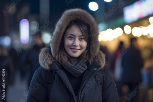 Headshot portrait photography of a satisfied girl in her 30s wearing a cozy winter coat against a lively night market background. With generative AI technology © Markus Schröder