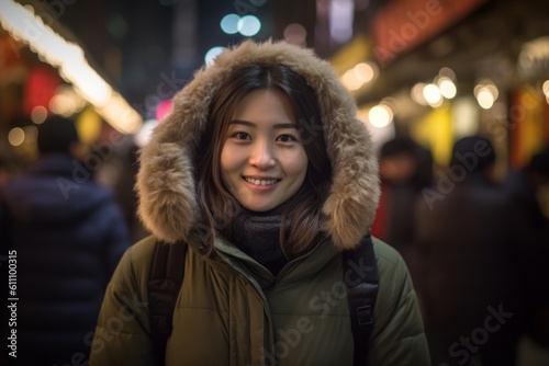 Headshot portrait photography of a satisfied girl in her 30s wearing a cozy winter coat against a lively night market background. With generative AI technology
