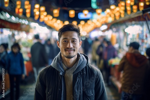 Lifestyle portrait photography of a glad boy in his 30s wearing a cozy sweater against a lively night market background. With generative AI technology