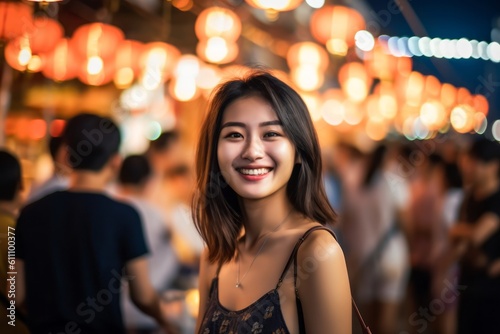 Close-up portrait photography of a happy mature girl wearing a cute crop top against a lively night market background. With generative AI technology