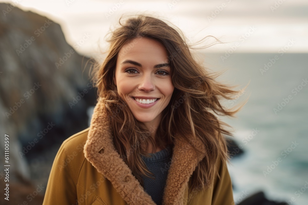 Lifestyle portrait photography of a satisfied girl in her 30s wearing a cozy winter coat against a scenic ocean cliff background. With generative AI technology