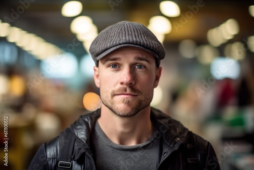 Headshot portrait photography of a glad boy in his 30s wearing a cool cap or hat against a bustling indoor market background. With generative AI technology © Markus Schröder