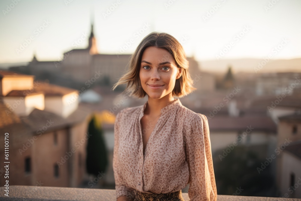 Medium shot portrait photography of a satisfied girl in her 30s wearing a sophisticated blouse against a picturesque old town background. With generative AI technology