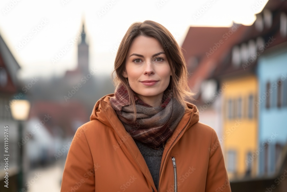 Studio portrait photography of a satisfied girl in her 30s wearing a cozy winter coat against a picturesque old town background. With generative AI technology