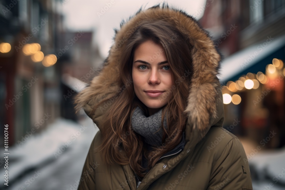 Studio portrait photography of a satisfied girl in her 30s wearing a cozy winter coat against a picturesque old town background. With generative AI technology Studio portrait photography of a satisfied girl in her 30s wearing a cozy winter coat against a picturesque old town background. With generative AI technology