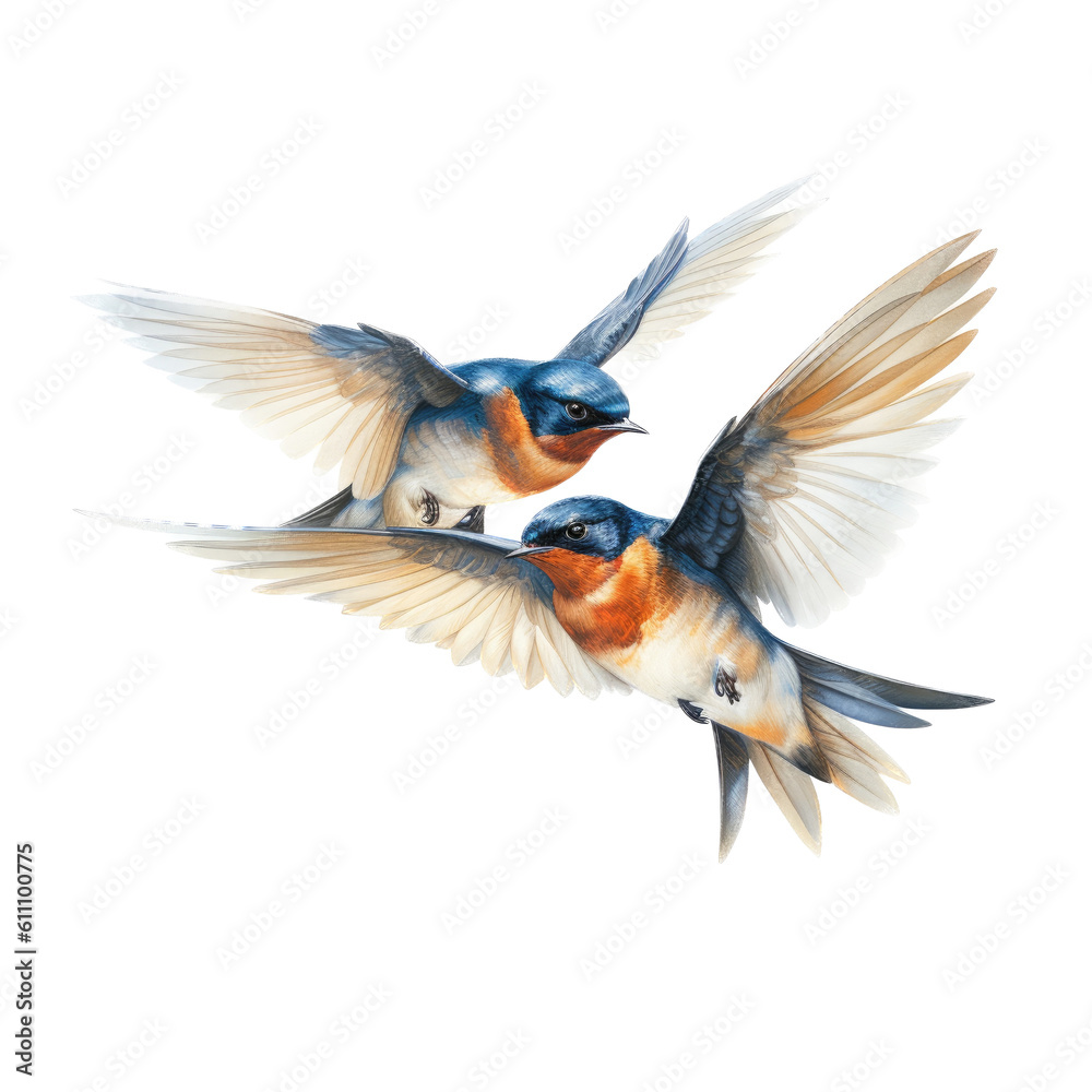 Fototapeta premium 2 Elegant, Barn Swallow, in flight, love in motion, Nature-themed, photorealistic illustrations in a PNG, cutout, and isolated. Generative AI