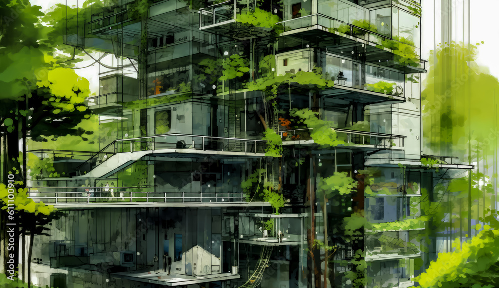 a green painting buildings with trees and plants, watercolor, generative ai