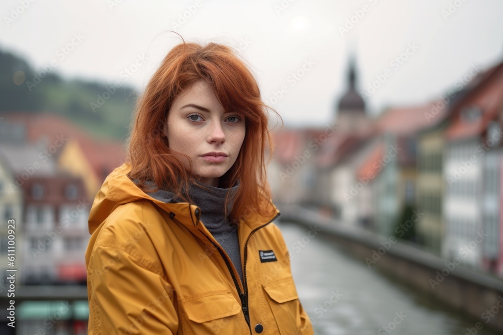 Photography in the style of pensive portraiture of a glad mature girl wearing a lightweight windbreaker against a picturesque old town background. With generative AI technology
